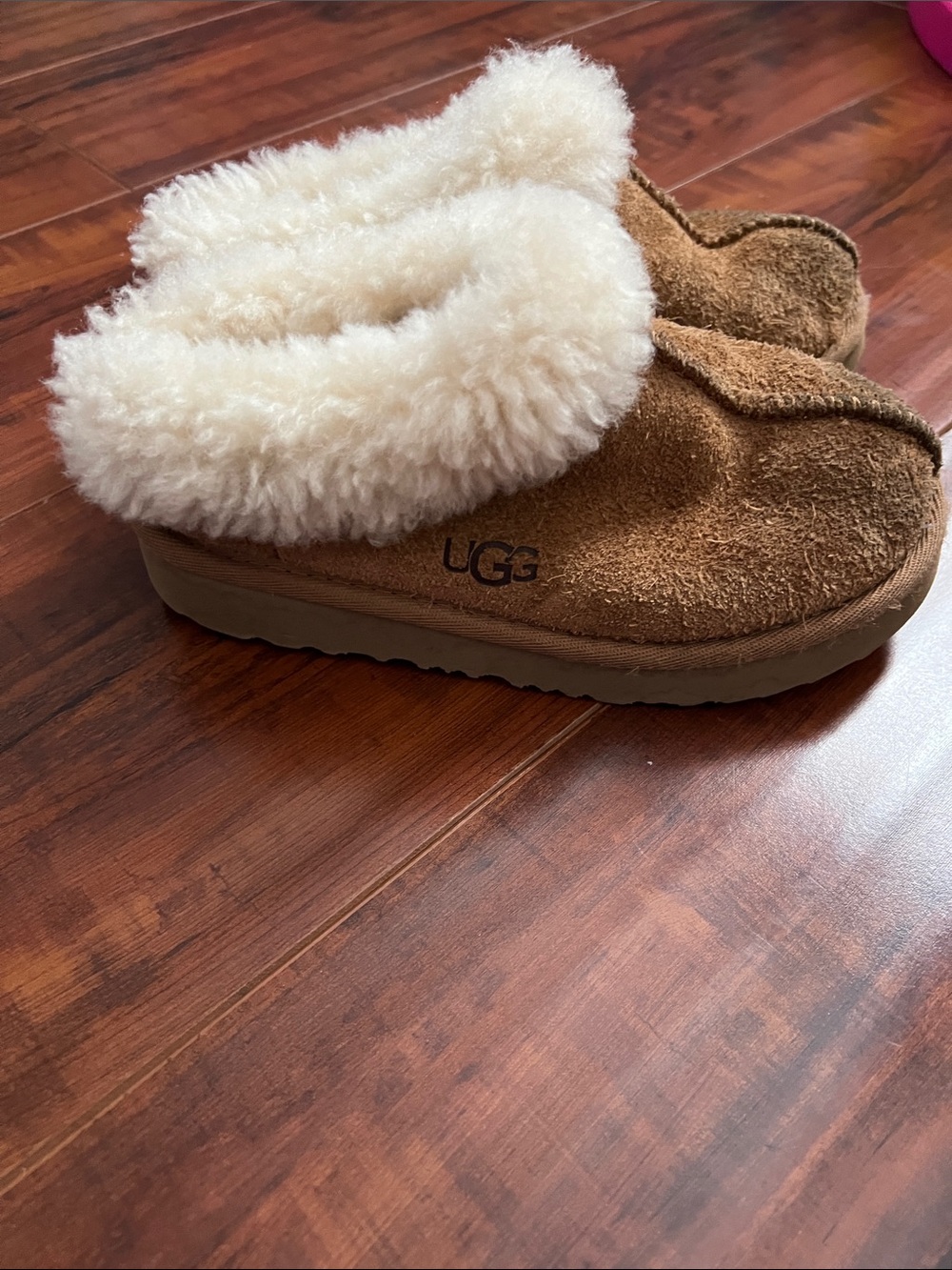 UGG Chestnut Suede Slip-On Shearling-Trim Slippers